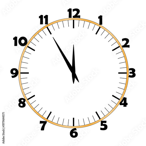 Minimalist wall clock illustration with golden frame showing time almost twelve on white background.