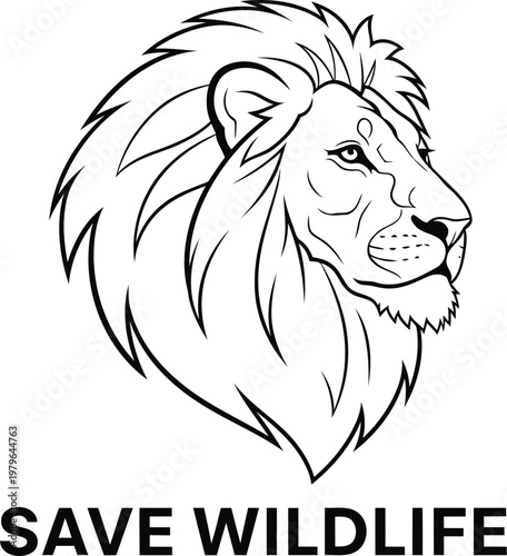 Black and white lion graphic advocating for wildlife conservation efforts