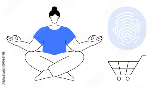 Online shopping, identity security, mindfulness in technology, personal data protection, e-commerce, user authentication. Meditating person, fingerprint icon and shopping cart. Identity security