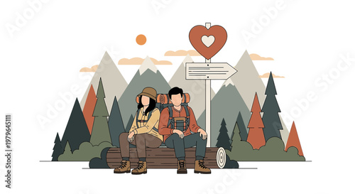 Couple Hiking, Sitting on Log, Mountains, Love Heart Sign