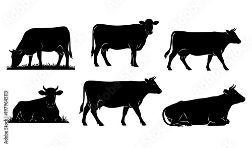 cow silhouette, cows, cattle, livestock, farm animals, cow grazing, cow standing, cow walking, cow lying, animal silhouette, farm animals set, cattle silhouette, agriculture animals, rural animals, li