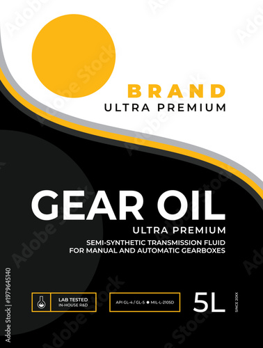 Professional golden gear oil label template for transmission fluid and gearboxes packaging design, semi synthetic lubricant sticker.