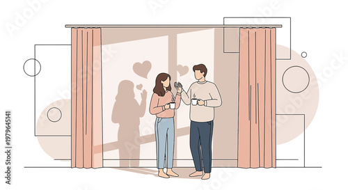 Couple Holding Coffee Cups, Romantic Hearts Illustration, Love and Connection
