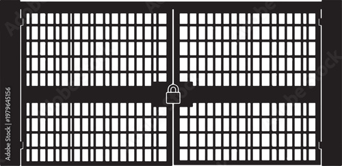 Black and white of a locked metal security gate with a grid pattern