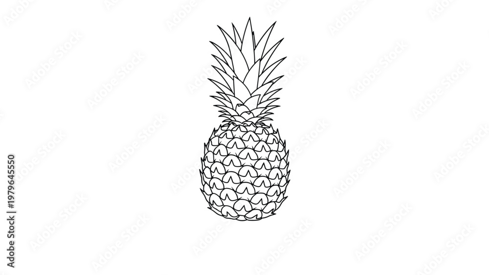 Obraz premium Detailed black and white outline of a whole pineapple fruit features its textured skin and spiky leaves on top.