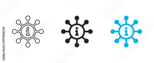 Information icon collection, data access retrieval document search info i symbol, user interface file lookup analysis content review vector illustration
