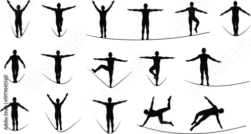 Slacklining and tightrope walker silhouettes set featuring acrobats balancing walking and performing stunts on a high wire isolated on white background for circus designsSlacklining and tightrop