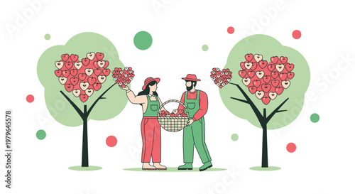 Couple Harvesting Heart-Shaped Apples from Love Trees