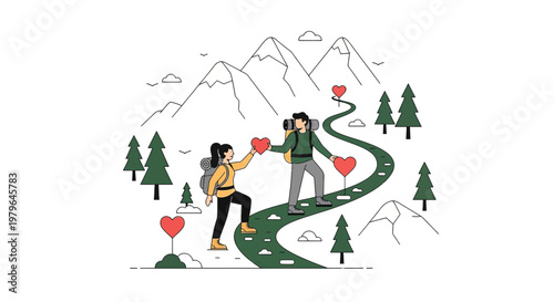 Couple Hiking Mountains with Hearts, Love Journey Adventure