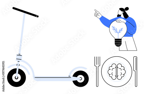 Sustainability, innovation, mindful behavior, creative thinking, urban mobility, and mental awareness. Vector of a scooter, person holding a light bulb plate with brain. Sustainability