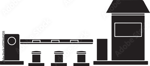 Black and white of a parking lot entrance gate with a security booth and three bollards