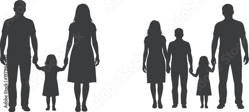 Vector silhouettes of happy family groups holding hands including parents with daughter and son for parenting blogs insurance advertising and domestic life insurance concepts