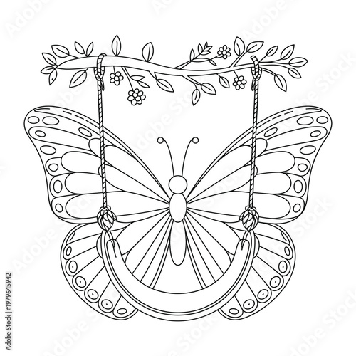 A whimsical line drawing of a butterfly with large patterned wings hanging from a tree branch on a swing