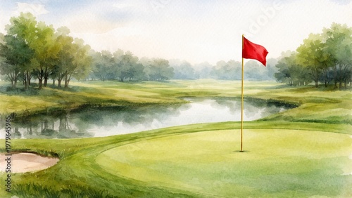 Watercolor golf course with a pond and red flag in a peaceful environment