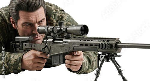 Professional soldier in camouflage gear aiming a high precision sniper rifle with a mounted telescopic sight while lying down on a solid transparent background