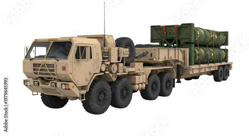 Powerful heavy military logistics truck carrying large cylindrical green cargo containers on a flatbed trailer isolated against atransparent  background for defense industry commercial use