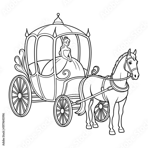 Beautiful princess wearing a crown rides in a horsedrawn carriage with elegant decorations