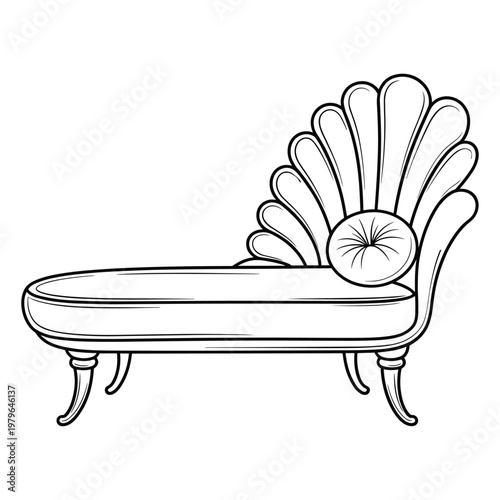 Elegant antique chaise lounge with a decorative fanshaped back and tufted pillow isolated on white