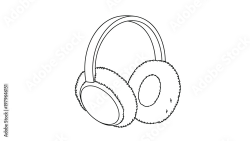 Pair of soft and fluffy winter earmuffs with a simple headband shown in a clean black and white line art style for cold weather themes.