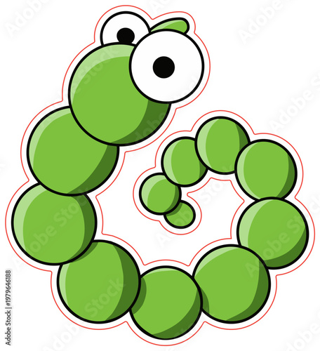 Photography Cute cartoon green caterpillar, segmented round spiral body and big eyes
