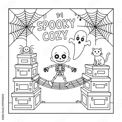 Halloween spooky coloring pages for teens and adults. line art illustration.