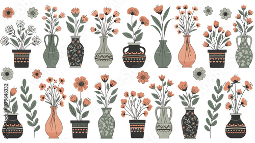 Beautiful collection of various flowering plants and bouquets arranged in different patterned ceramic vases shown in a horizontal layout.