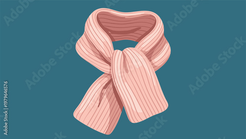 Pink knitted winter scarf tied in a loose knot and shown against a solid dark teal background in a soft and textured illustration style.