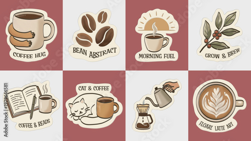 Cozy Coffee Sticker Set with Cute Cats, Latte Art, and Morning Brew Elements.