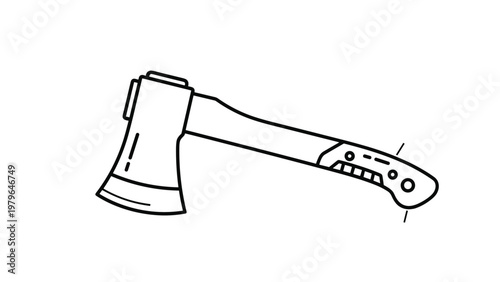 Heavy duty camping axe or hatchet with a textured handle shown in a clear and detailed black and white line drawing style for outdoorsy themes.