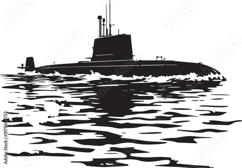 Submarine vector illustration with silhouette, conning tower, antennas, and water ripples