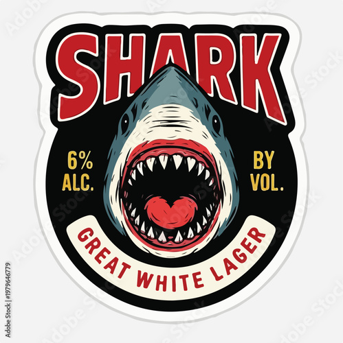 Striking great white shark illustration with an open mouth and sharp teeth proudly displayed on a vintage-style beer label promoting a potent lager.