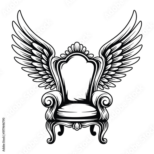 Ornate vintage throne chair with large feathered wings extended upwards isolated on transparent background