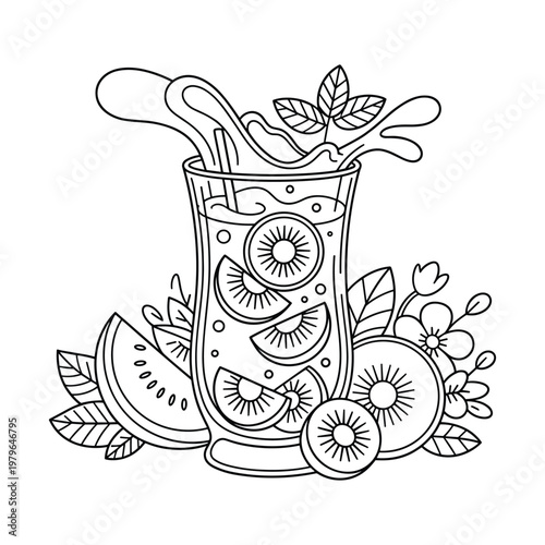 Refreshing kiwi and watermelon drink with fruit slices and splashes in a tall glass surrounded by leaves and flowers