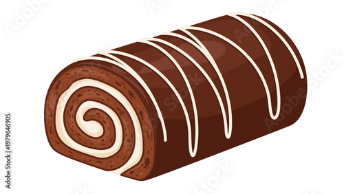 Delicious chocolate roll cake with creamy white filling and decorative white chocolate drizzle on top, isolated on white background.