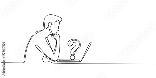 Continuous line drawing of a thoughtful man sitting in front of a laptop with a question mark
