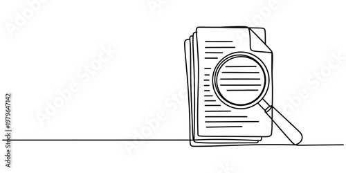 Minimalist line art of a document stack with a magnifying glass for auditing and research