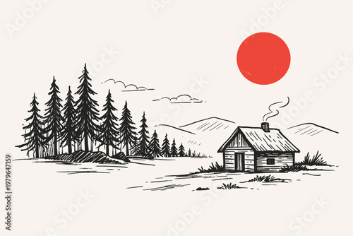 Minimalist hand drawn landscape with forest pine trees, a rustic wooden hut or cottage with smoke from chimney, mountains, and a large red sun in a vintage sketch style for nature and travel.