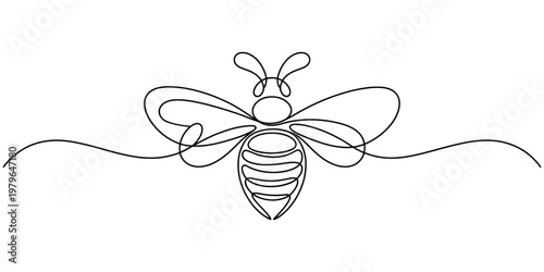 Minimalist continuous line drawing of a honey bee with open wings and curved antennae