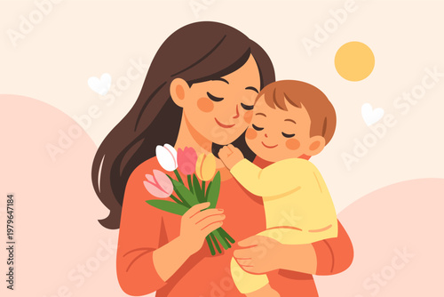 Vector illustration of a loving mother embracing her baby while holding a beautiful bouquet of colorful tulips, celebrating Mother's Day, maternal affection, family bond, and parental love.