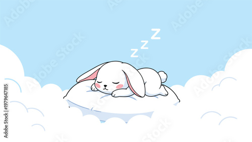 Adorable white cartoon bunny sleeping peacefully on a fluffy white cloud against a clear blue sky background with zzz dream symbols.