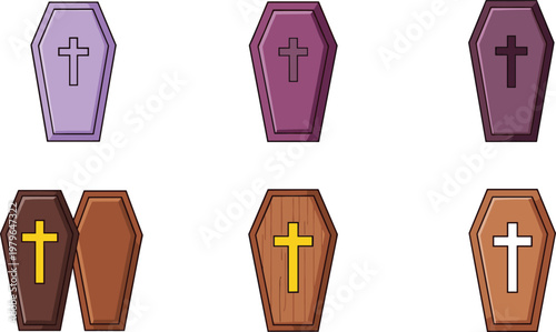 Colorful Coffin Icons with Cross Design for Funeral and Memorial Illustration
