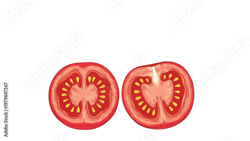 Detailed cross-section view of two ripe red tomato halves showing seeds and internal structure, perfect for food and cooking themes.