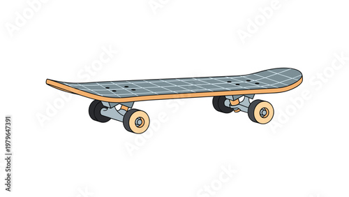 Classic gray and wood-toned skateboard seen from a side perspective with four wheels, ready for action in a urban park or street setting.