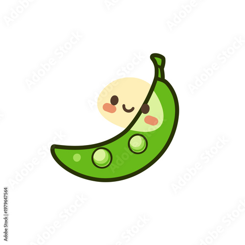 Cute, smiling cartoon of a pea pod with a happy pea peeking out