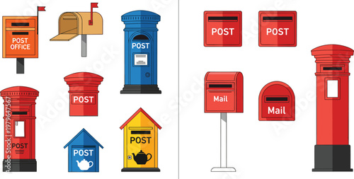 Colorful Mailbox Collection with Various Designs for Postal Service and Mail Delivery Illustration