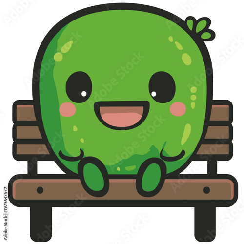 A smiling, green, cartoon character with big eyes and rosy cheeks sitting on a wooden bench
