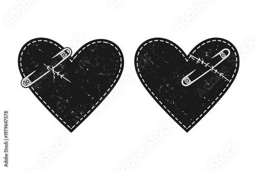 Two Distressed Black Heart Shapes with White Stitched Outlines and Metal Safety Pins, Grunge Punk Emo Aesthetic Vector Illustration for Alternative Fashion, Broken Heart and Mending Symbolism