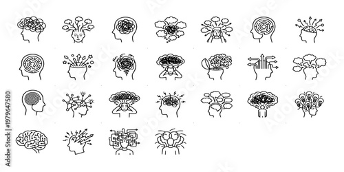 icon set collection of mental health, psychology, and brain function symbols featuring stress, confusion, problem solving, logic, and emotional processing line art icons.
