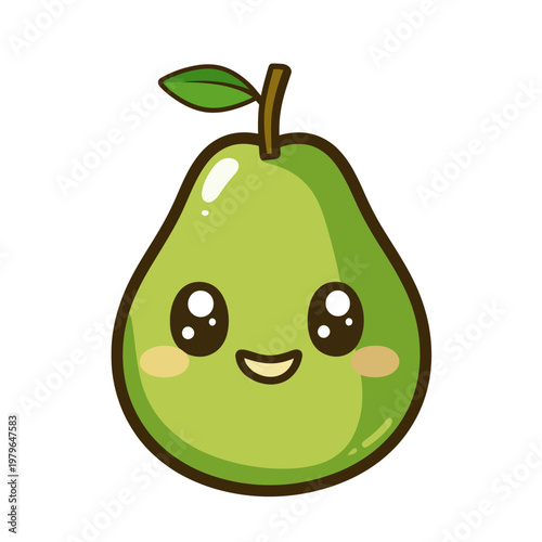 Adorable green pear with big eyes, rosy cheeks, and happy smile. It has a stem and leaf