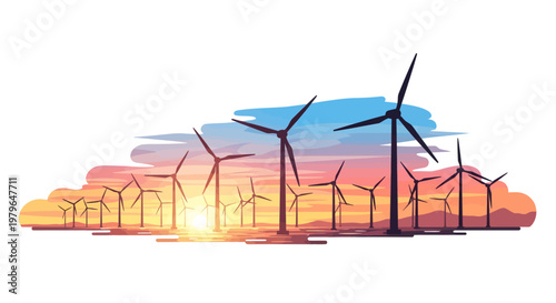 Wind turbines at sunset, renewable energy illustration